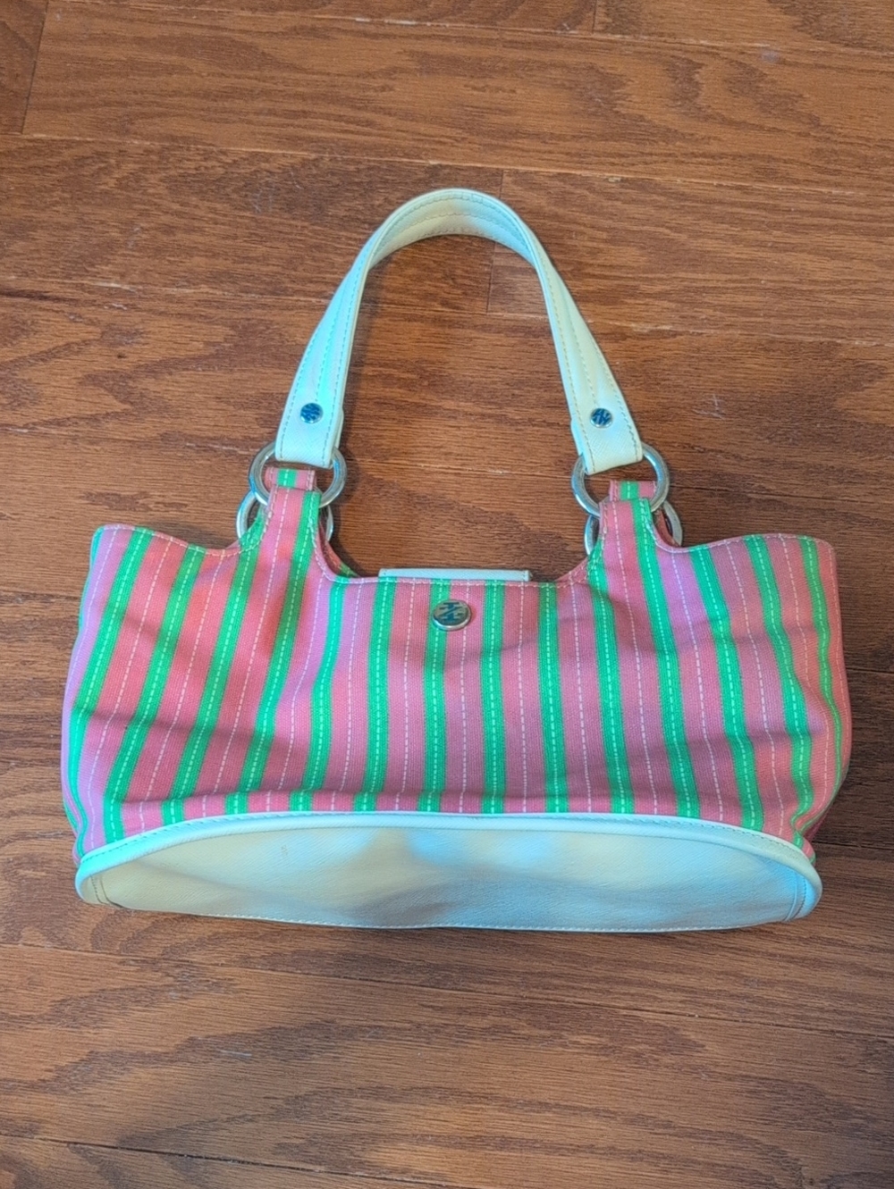 Izod Pink & Green Striped Shoulder Bag with Cream Trim